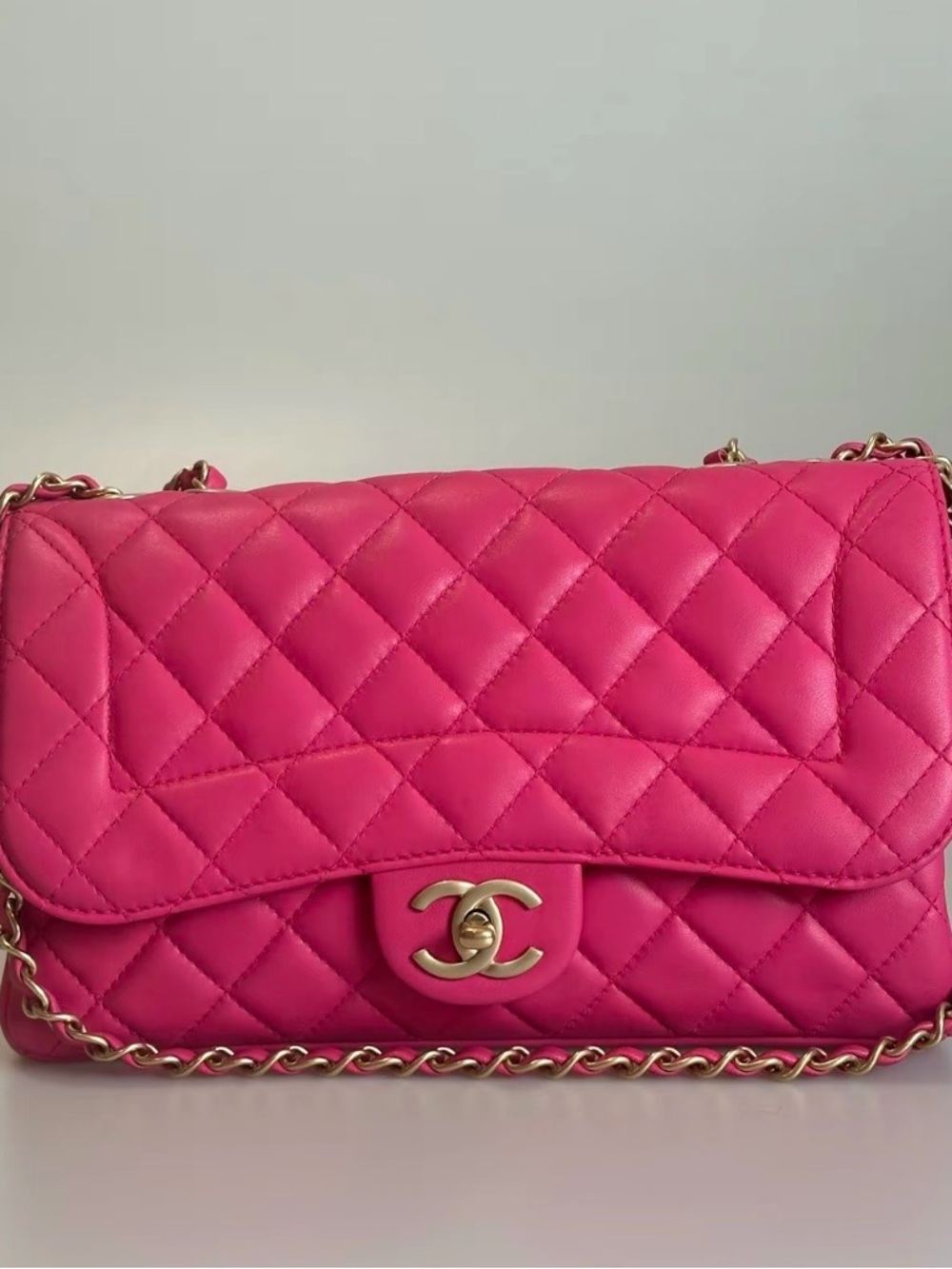 CHANEL Fuchsia Pink  Quilted Lambskin Leather Shoulder Bag with Gold Hardware
